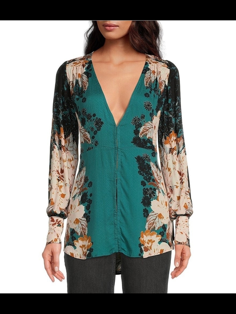 Free People Teal & Cream Floral V-Neck Blouse